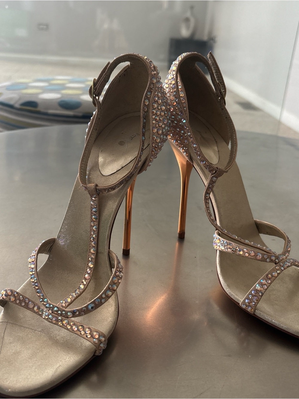 Crystal-Embellished Taupe Stiletto Sandals - Women